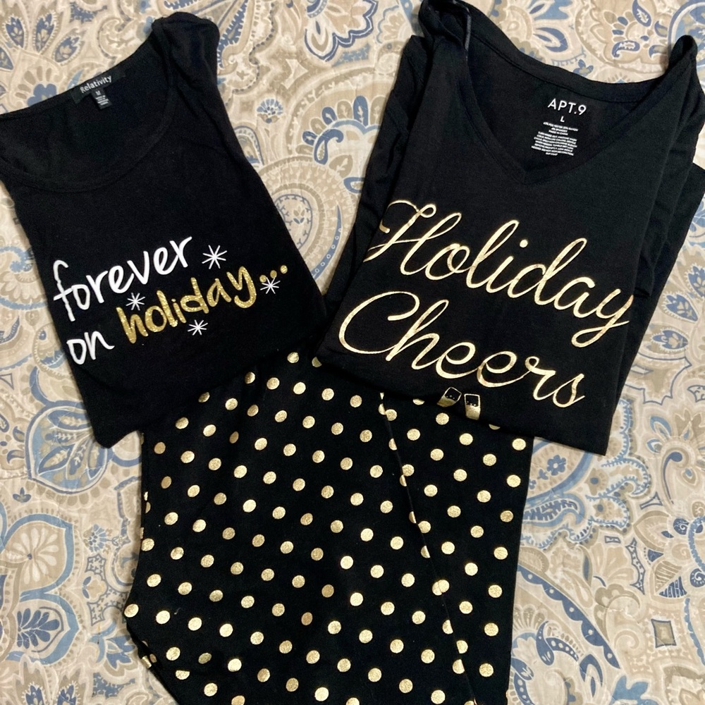 Leggings and 2 shirts, black with gold accents